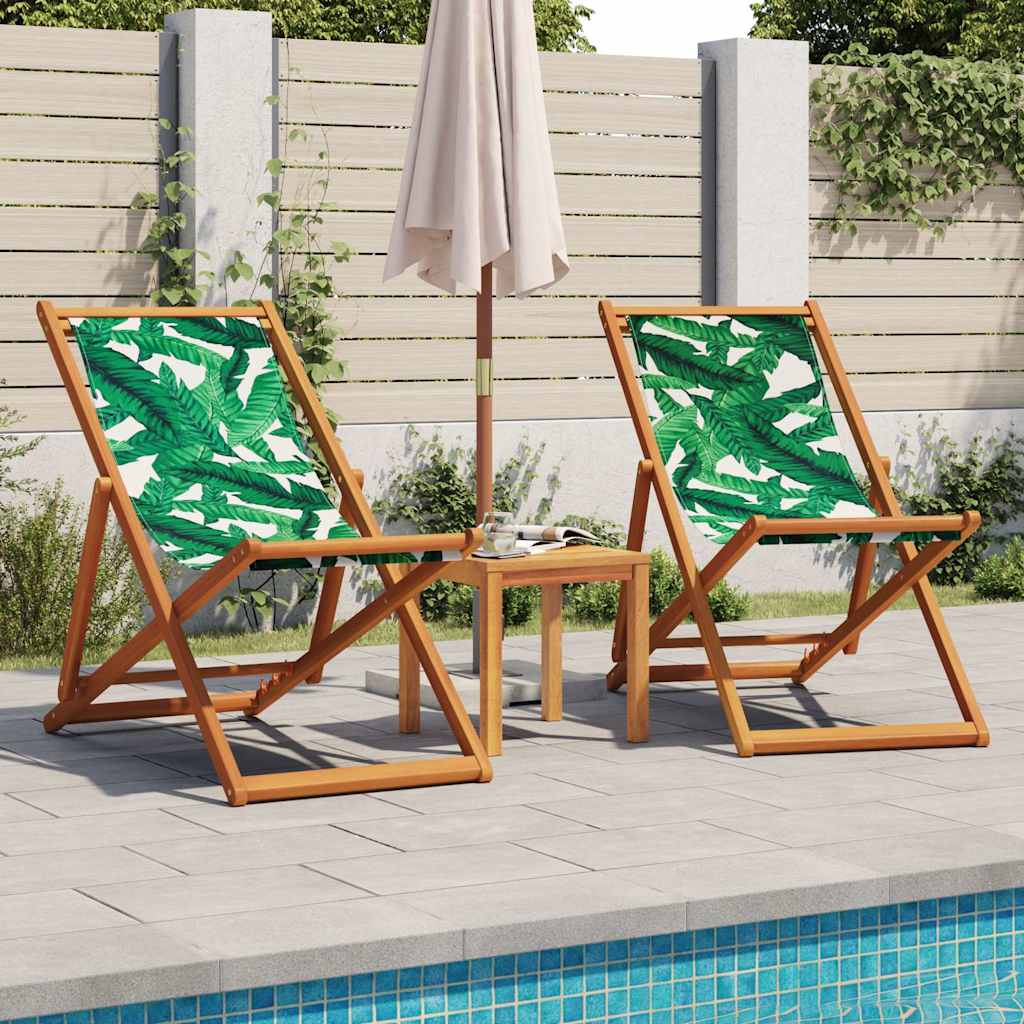 Folding Beach Chair with Leaf Pattern Solid Eucalyptus Wood Frame and Fabric