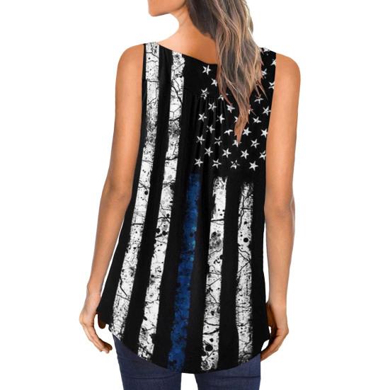 Women Vest Round Neck Buttons Half Placket Sleeveless Tank Tops US Flag Pattern Flowy Hem Camisole Daily Wear