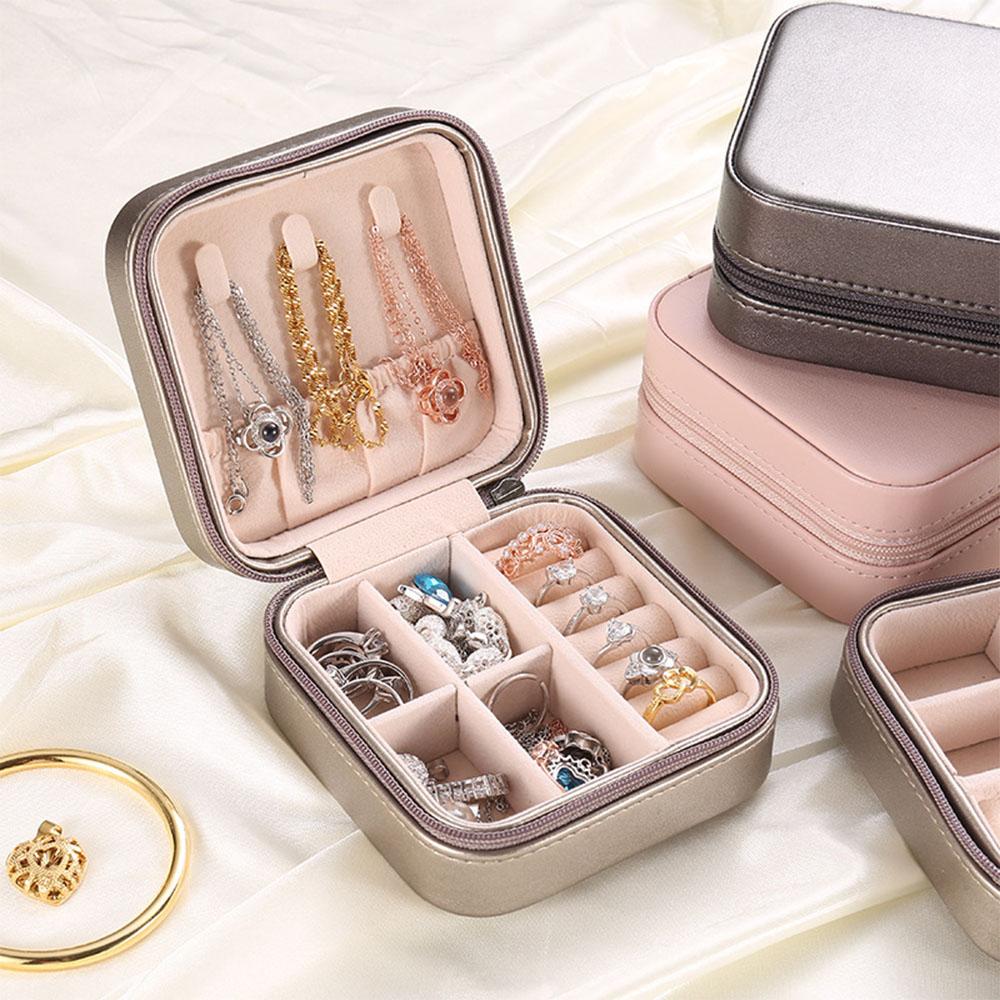 Portable Leather Jewelry Storage Box - Travel Organizer for Earrings, Necklace & Ring
