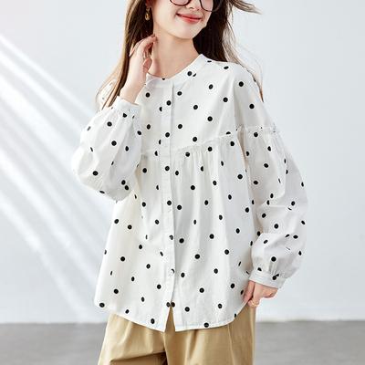 Женская блузка с круглым вырезом в горошек, с длинным рукавом, летняя, свободная, повседневная, с оборками из чистого хлопка