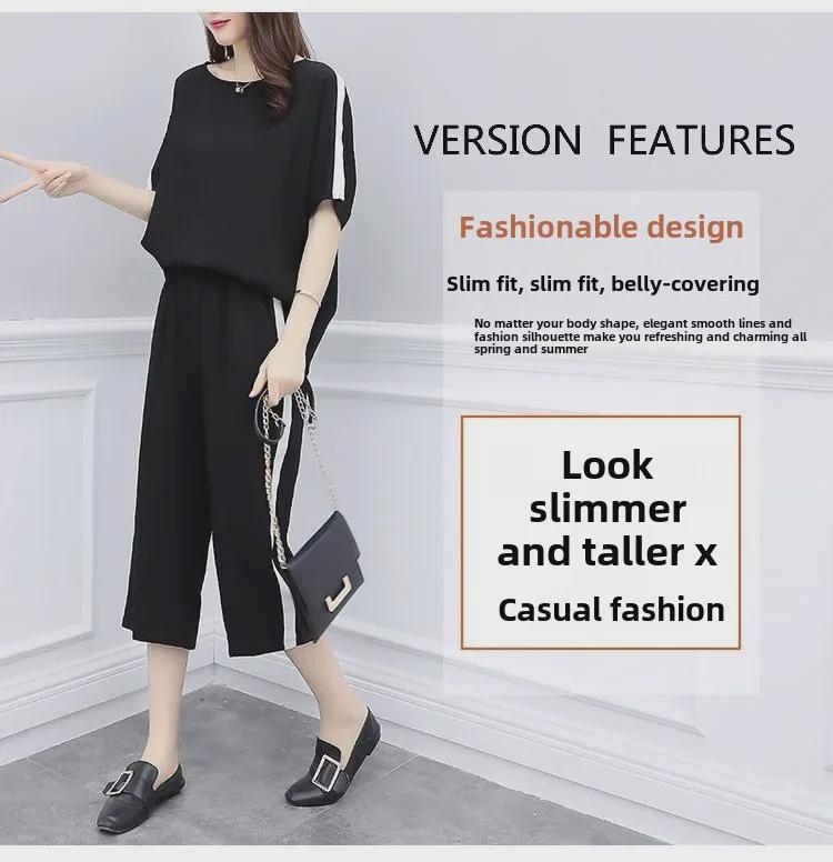 Корейский женский повседневный костюм-двойка больших размеров - Летняя коллекция, свободный крой, короткие рукава с укороченными брюками