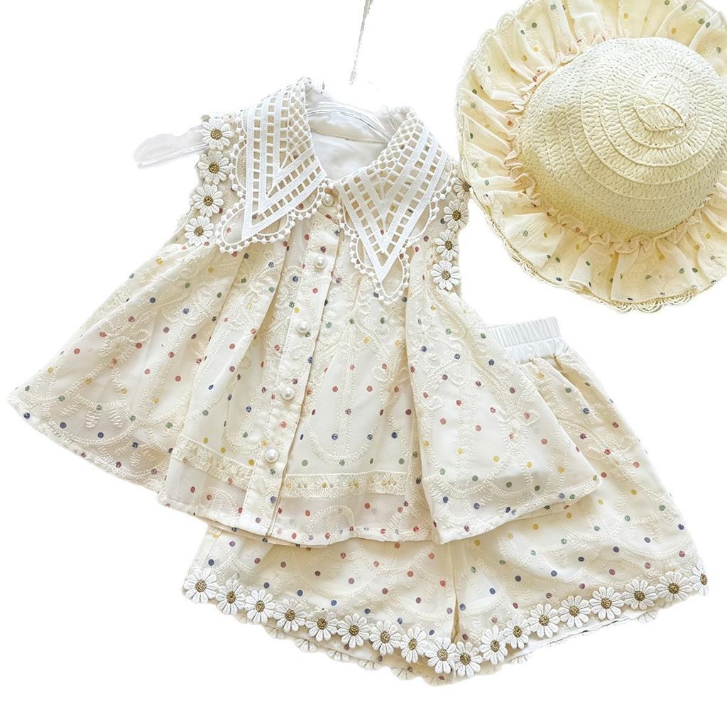 Girls Summer Hollow Out Peter Pan Collar Polka Dot Top With Daisy Embroidered Shorts Two Piece Set