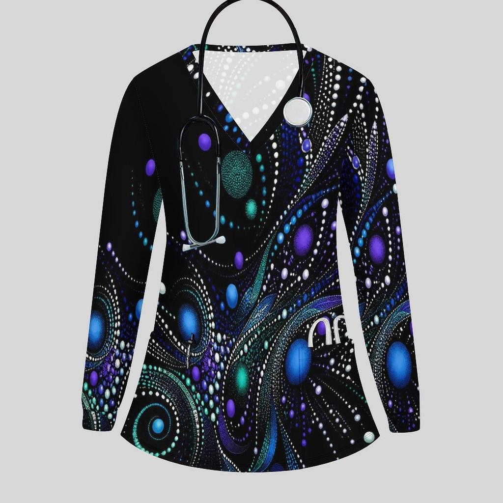 Women Plus Size Printed Nurse Scrub Top V Neck Long Sleeve With Front Pockets Black Green Gold