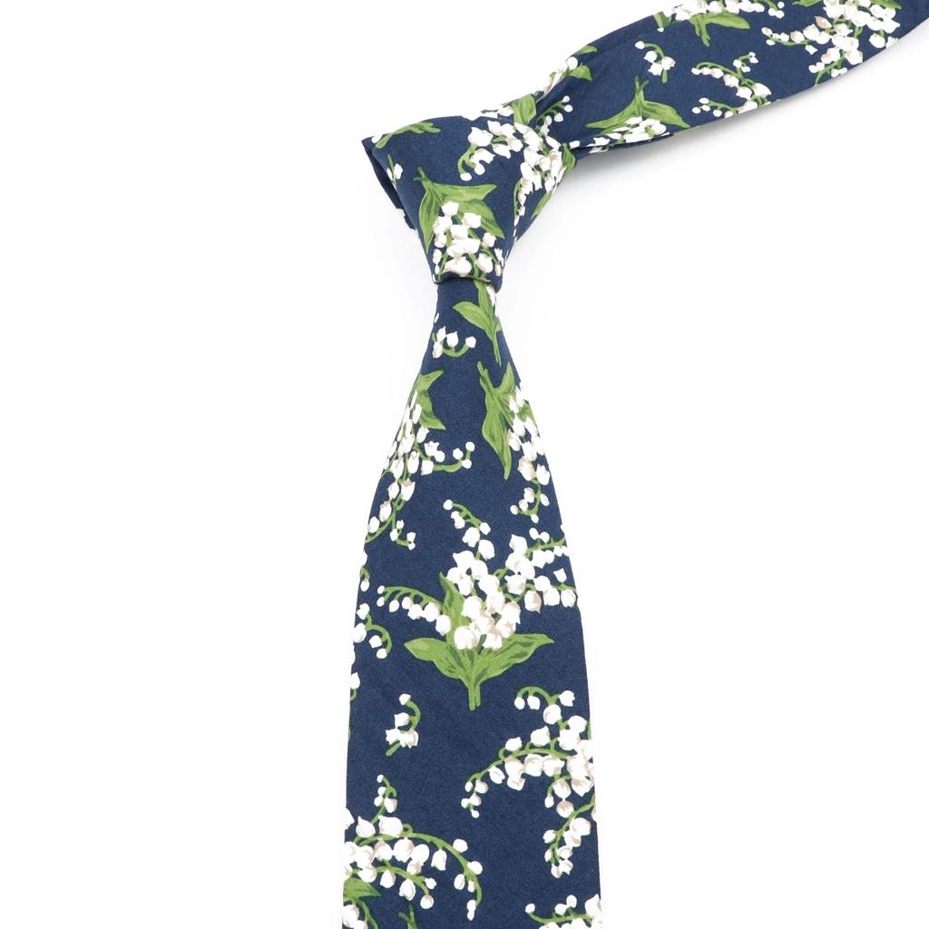 Floral Tie, For Men Women, 100% Cotton, Elegant Flower Necktie, White, Blue, Narrow Skinny, Wedding, Party