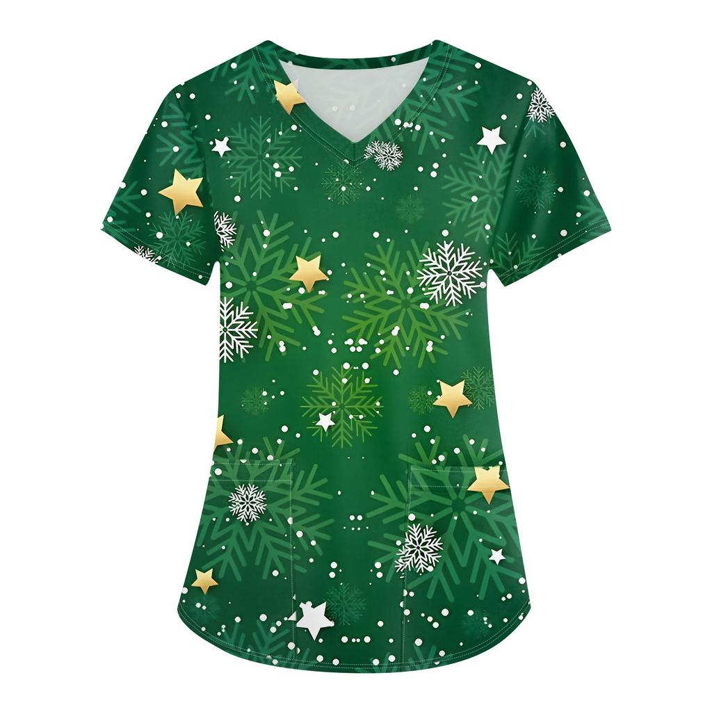 Women's Fashion V-neck Short Sleeve Workwear With Pockets Christmas Printed Tops