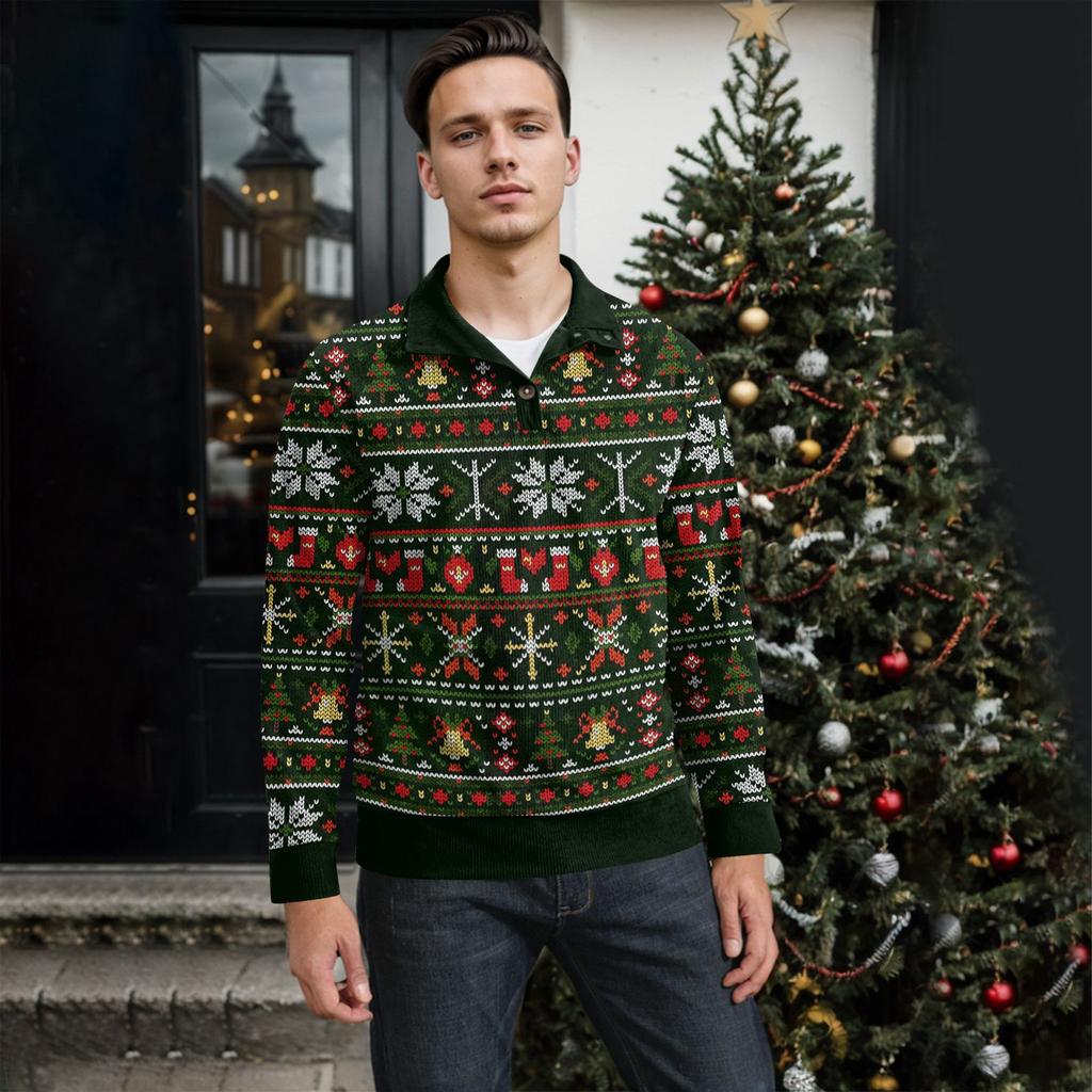 Men's Christmas Cotton Pullover Long Sleeve Outdoor Shirt Vintage Corduroy Button Stand Collar Shirt Casual Sweatshirt Christmas Print Top
