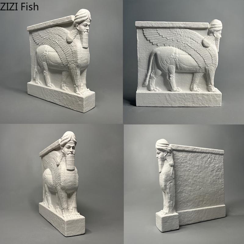 Mythical Creatures Winged Bull Plaster Statue Crafts Desk Decoration Creative Artwork Winged Bull Sculpture Room Aesthetic Decor