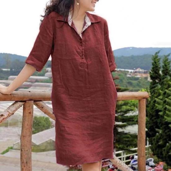 Женское платье, свободное, с рукавами три четверти, однотонное, с лацканами, до колена, мягкое, трапециевидное, повседневное, весна-лето, платье миди