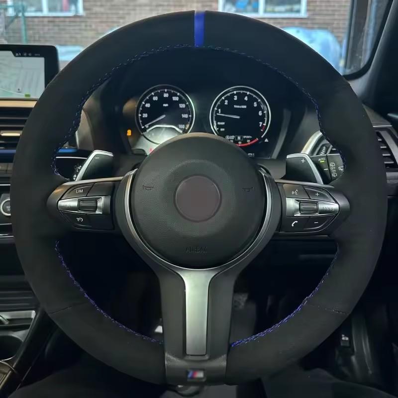 Black Suede Leather Blue Marker Steering Wheel Covers for BMW M2 M3 F80 F82 M4 M5 F12 F13 M6 F85 F87 X5 X6 F33 F30 M Sport