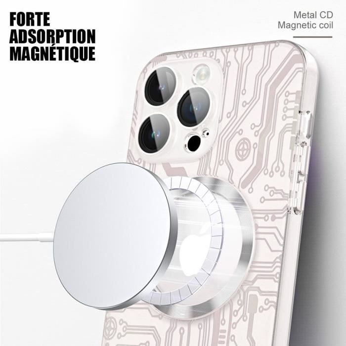 Coque pour iPhone 15 Pro - Translucide Antichoc avec Cercle Magnétique et Protection Caméra Arrière - Motif Circuit Imprimé