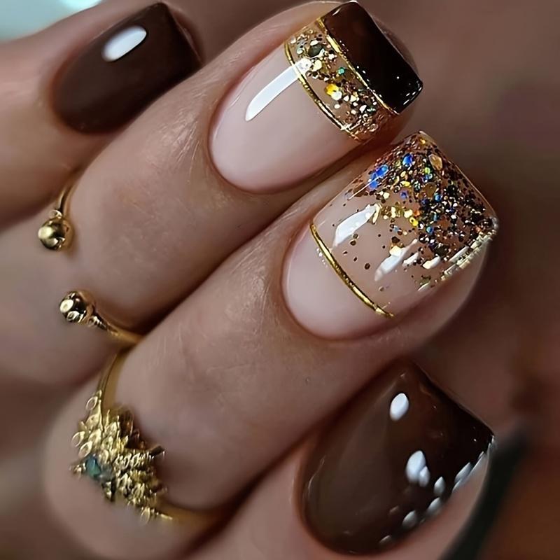 24 Pcs Glossy Medium Square Press On Nails French Style False Nails Glitter Reusable Fake Nails For Women