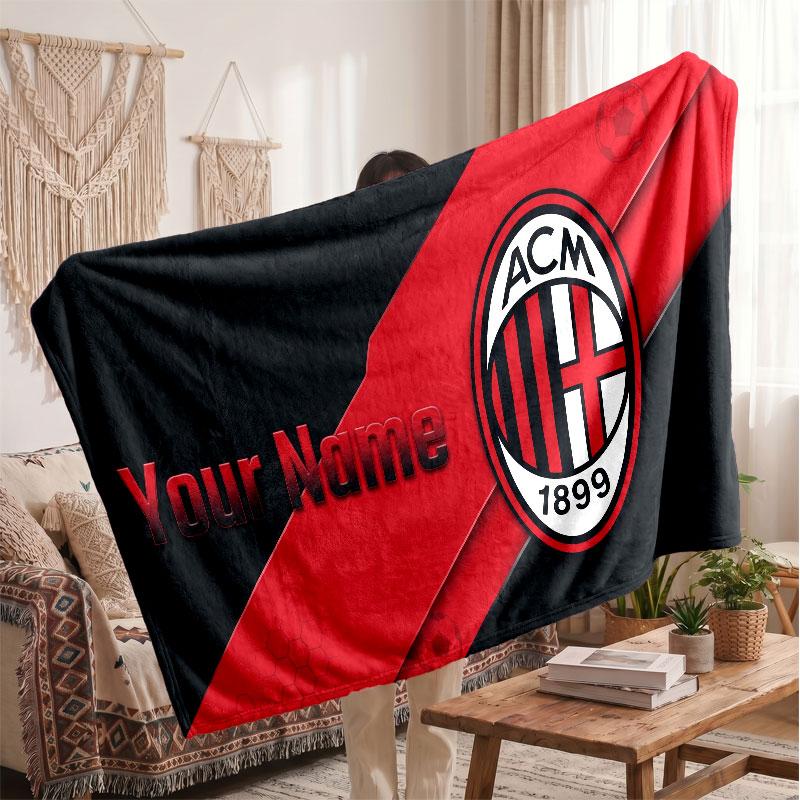 AC Milan Personalized Fleece Blanket With Football Logo, Custom Name Text Soft Warm Home Throw Blanket