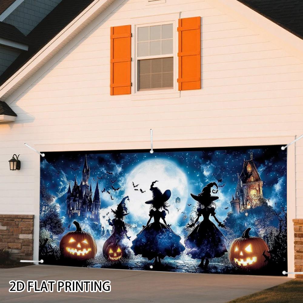 2D flat banner, Halloween pumpkin silhouette garage door banner, suitable for garden party backdrop and festival events