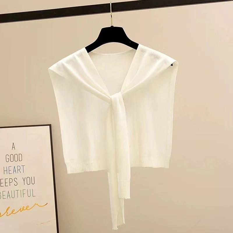 Korean Striped Knitted Warm Shawl Winter Female Blouse Shoulders Fake Collar Cape Knotted Scarf Stripe Outerwear