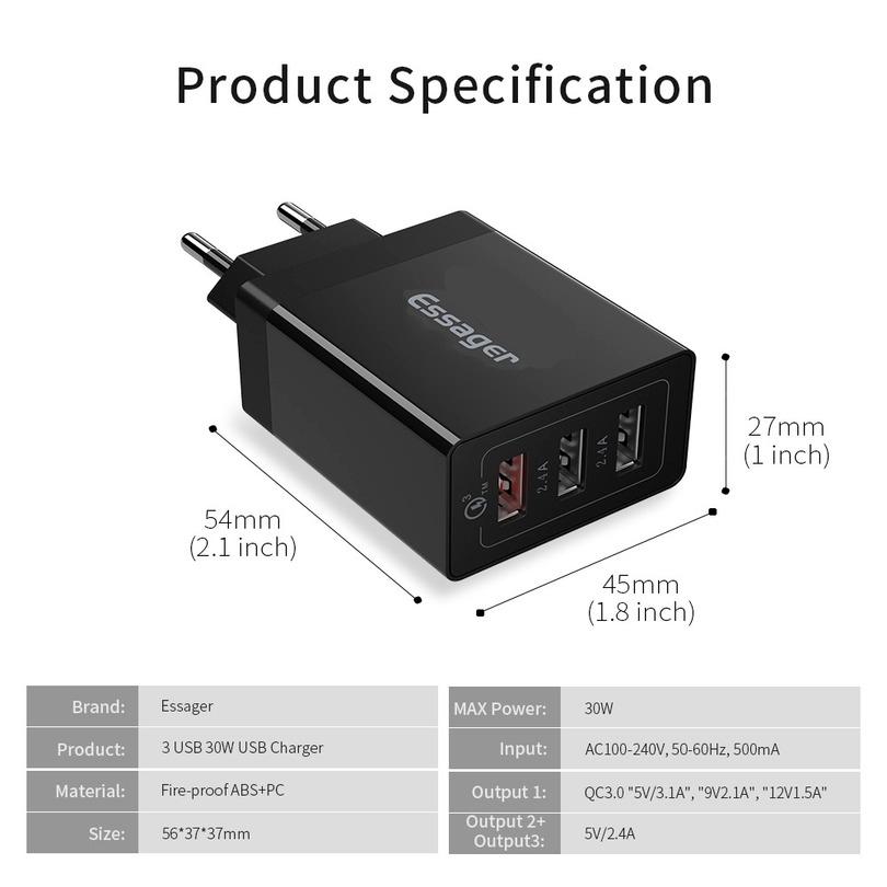 Essager 30 Вт Quick Charge 3.0 USB зарядное устройство QC3.0 QC Быстрое зарядное устройство с несколькими разъемами настенное зарядное устройство для мобильного телефона для IPhone Samsung Xiaomi Mi