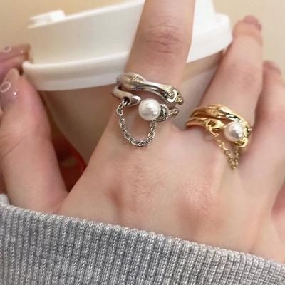 Модное металлическое кольцо с двухслойной жемчужной цепочкой и кисточкой для женщин, преувеличенного золотого и серебряного цвета, геометрическое кольцо для пальца, подарки