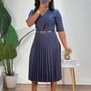 Fashionable Solid Color Womens V Neck Pleated Dress African Inspired 2024 Design