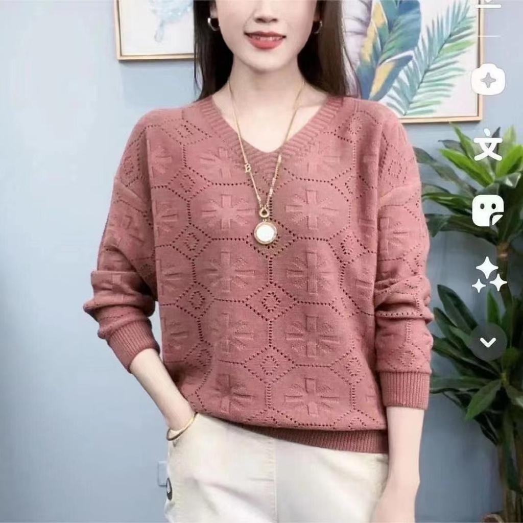Spring and Autumn New Sweater Knitwear Hollow V-neck Versatile Fashion Loose Bottom T-shirt Small Shirt Women's Casual Solid Color