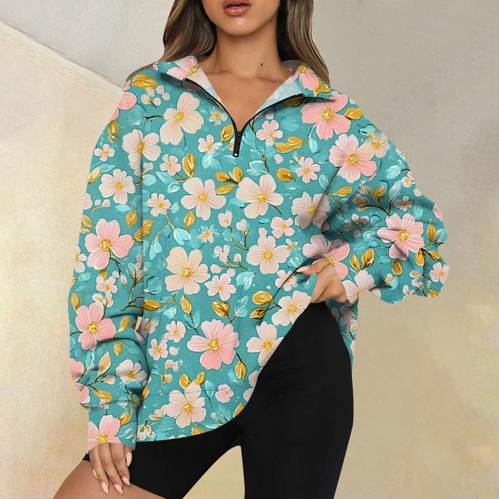 Женская мода повседневная толстовка с длинным рукавом и принтом на молнии с высоким воротом и заниженными плечами