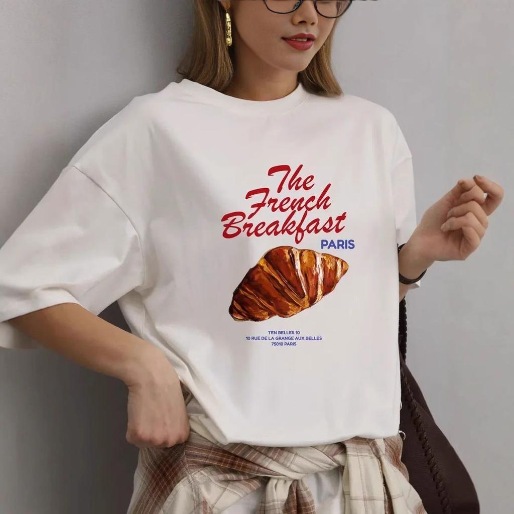 Casual And Cute European And American Sweet Croissant Printed Unisexs Tshirt Summer Casual Short Sleeved Unisexs Clothing Tops