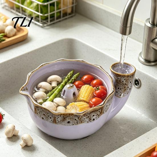 Ceramic Fruit Strainer Berry Bowl with Holes, Self-Spinning Vortex Design, Serving Plate Rinse for Kitchen Berries Vegetables Fresh Produce Drainer