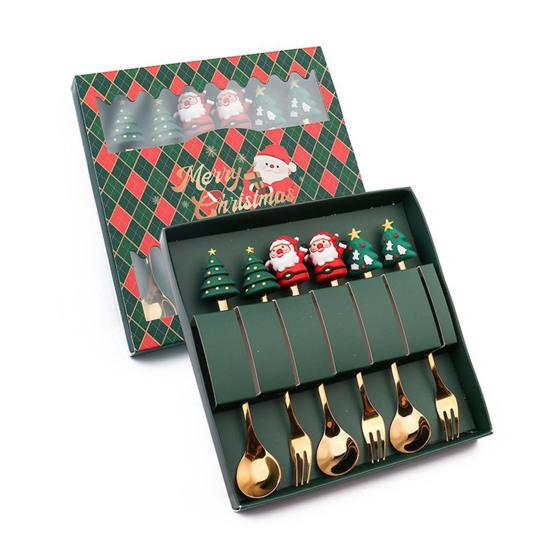 6Pcs/Set Stainless Steel Spoon Fork Set Santa Claus Snowman Deer Christmas Tree Hat Decor Tableware Holiday Party Supply