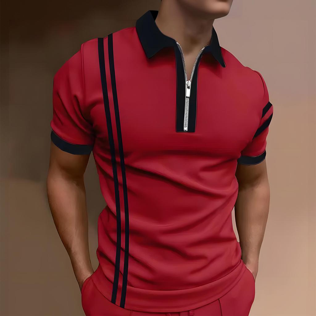 Мужская повседневная рубашка в полоску с воротником-молнией, с коротким рукавом