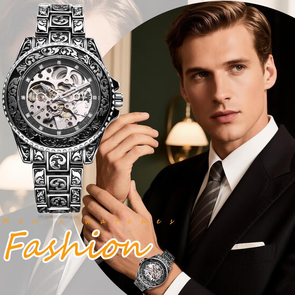 Automatic Watch with Luminous Rotating Stainless Analog Quartz Retro Raised Adjustable Length Perfect Gift for or Boyfriend Men's Bezel Waterproof,