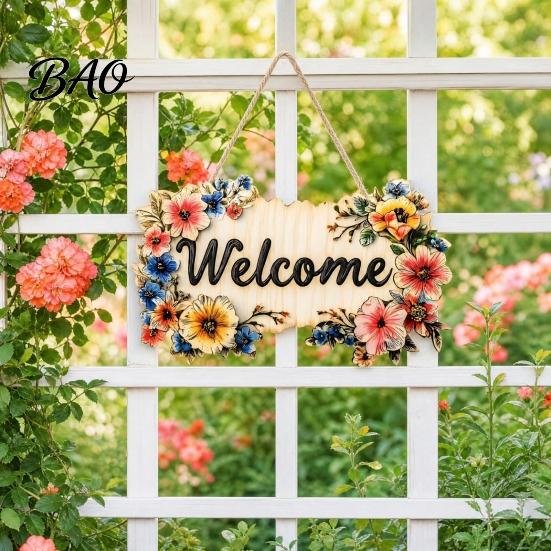 Durable Wooden Sign Floral Welcome Sign, Front Door Ornaments, Flower Hanging Long-lasting Outdoor for Summer Farmhouse Home Coffee Shop Window