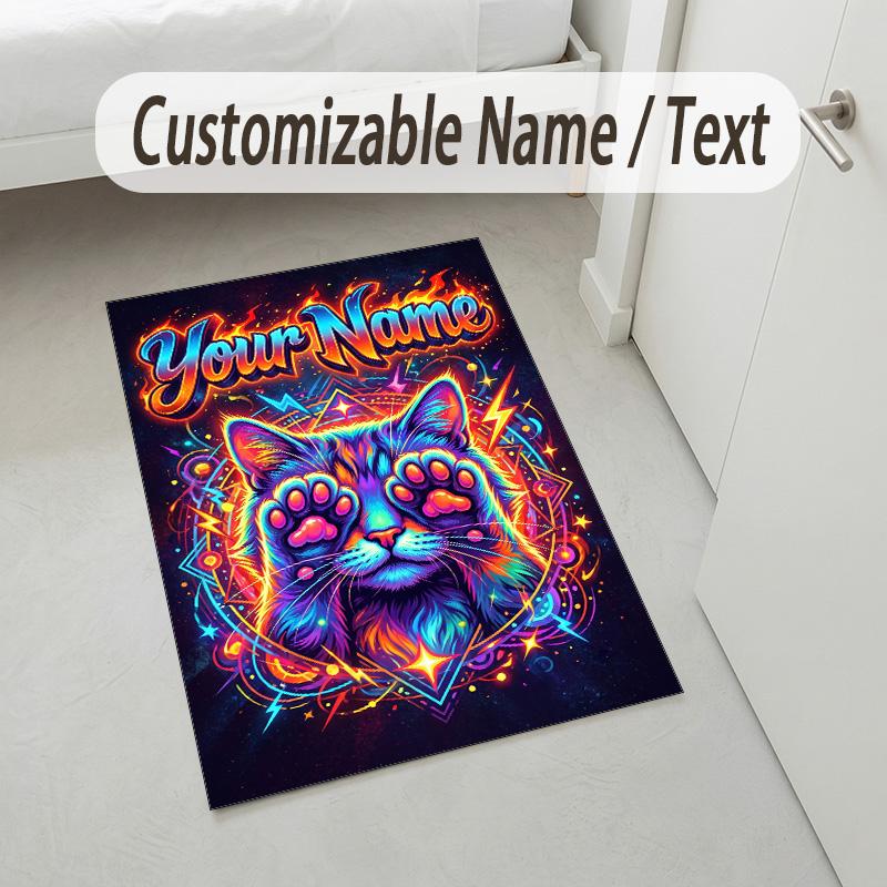 Cat Theme Crystal Velvet Rug Personalized Custom Name Text Soft Floor Mat Home Decor