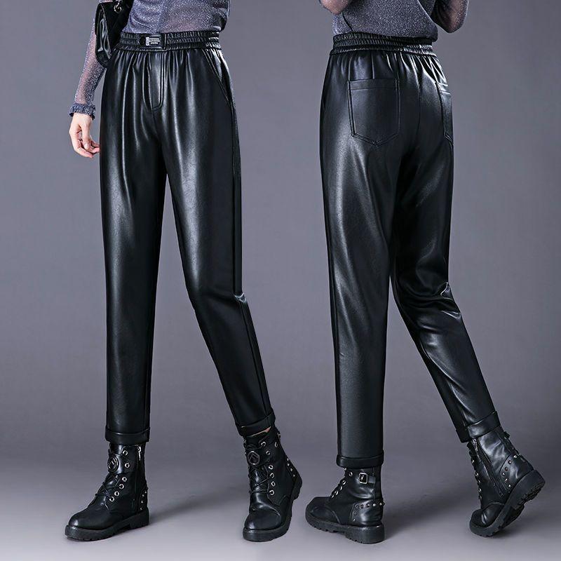 Плотные кожаные брюки с высокой талией и размером 9 дюймов плюс, новый зимний стиль, свободные повседневные брюки Haren