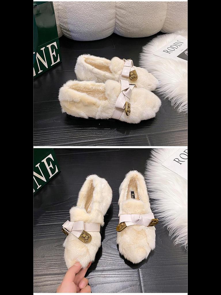 Зимние женские мокасины в корейском стиле из меха норки с бантом 2023 года: Теплые туфли на плоской подошве без застежек