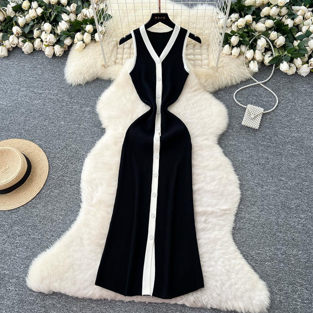 Summer Women Casual V-neck Sleeveless Single Breasted Knitted Sweater Long Midi Dresses