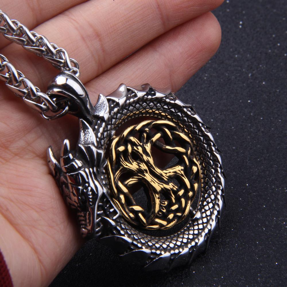 Jormungandr Around Tree of Life Necklace Mens Gold Viking Dragon Tree of Life Pendant Necklace Irish Knot Silver Gift