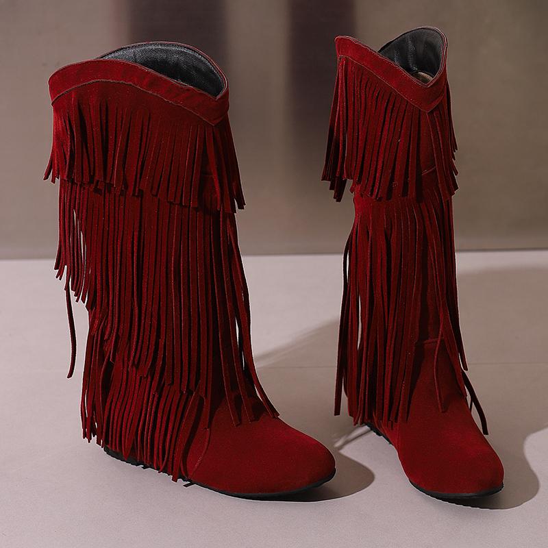 Женские сапоги до середины голени с бахромой, сексуальные зимние туфли, черные, бежевые, на танкетке, женские туфли, увеличивающие рост, большой размер 48