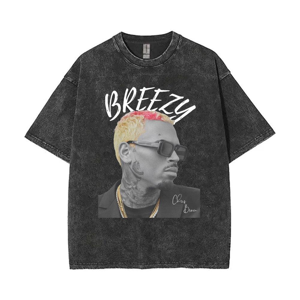 Washed Chris Brown Breezy Bowl Xx Tour T-Shirts Men Hip