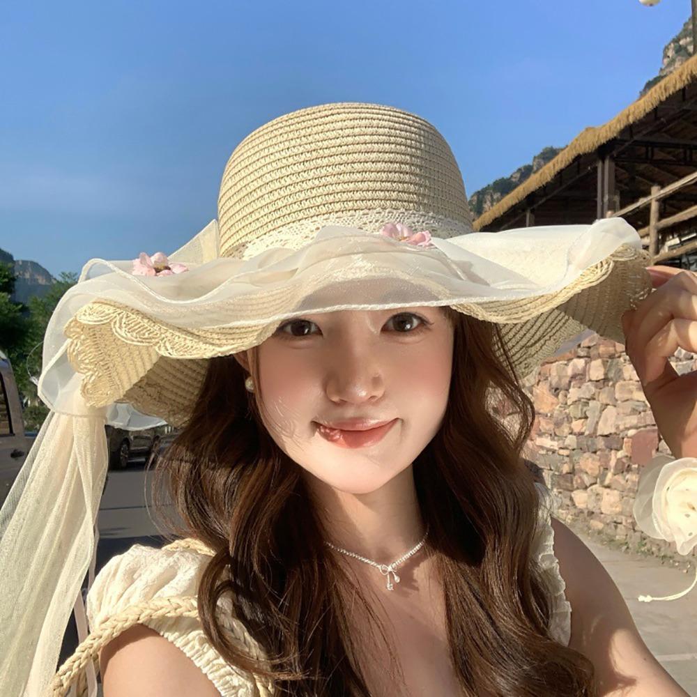 Large Brim Straw Hat Flower Wide Brim Hat Fashion Sun Hat Sun Shading