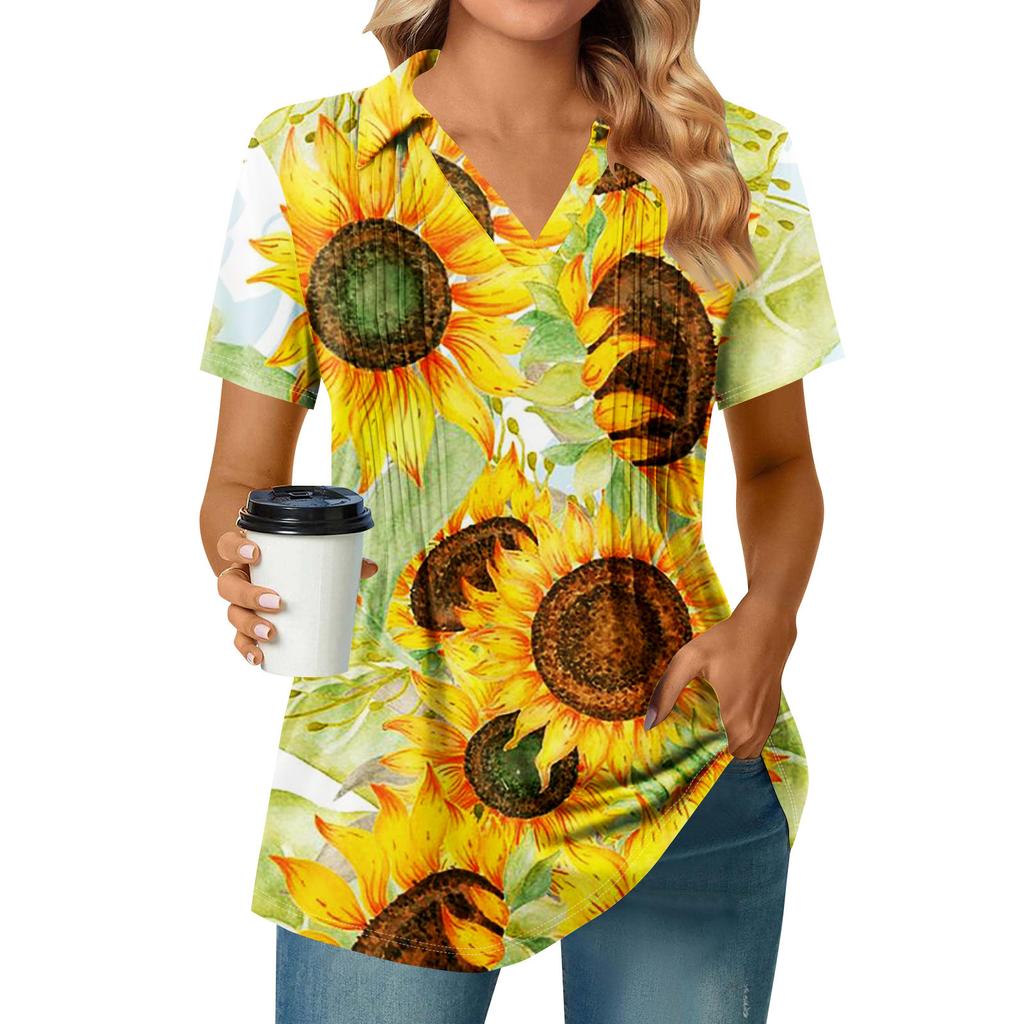 Women's Pleated V-neck Short Sleeved Sunflower Print T-shirt Business Casual Shirt