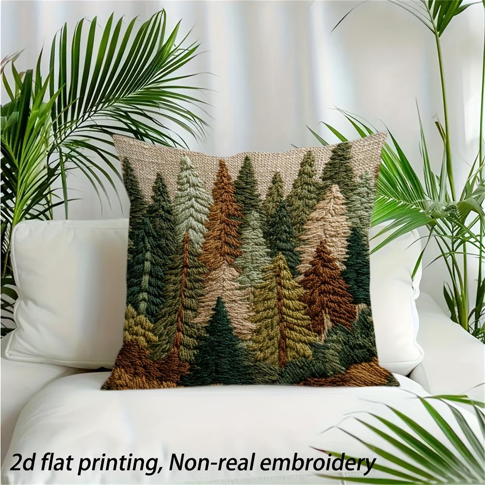 Pine Tree Forest Pillow Cover 2D Embroidered Print Woodland Mountain Cushion Case For Sofa Bed Couch Rustic Cabin Home Decor