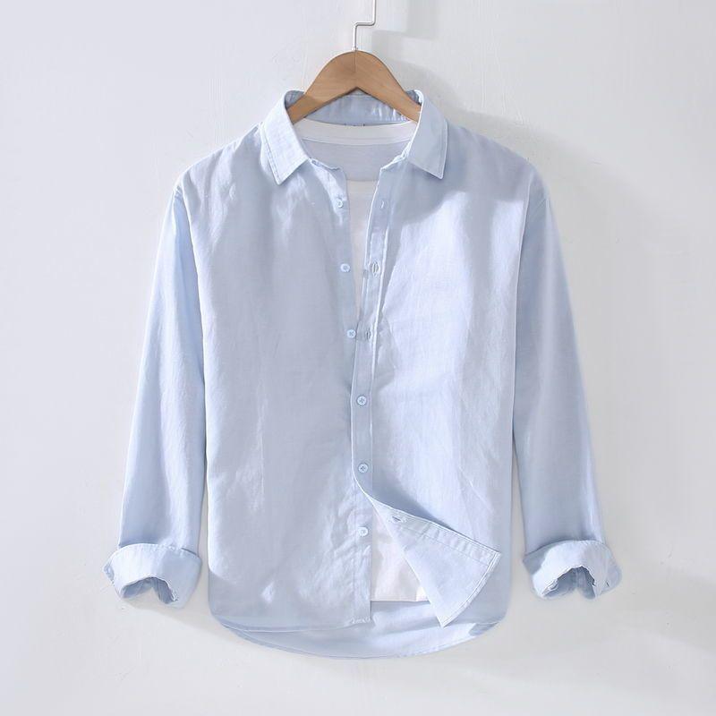Men's Casual Long-Sleeve White Linen Shirt - Lightweight, Trendy Spring/Summer Top