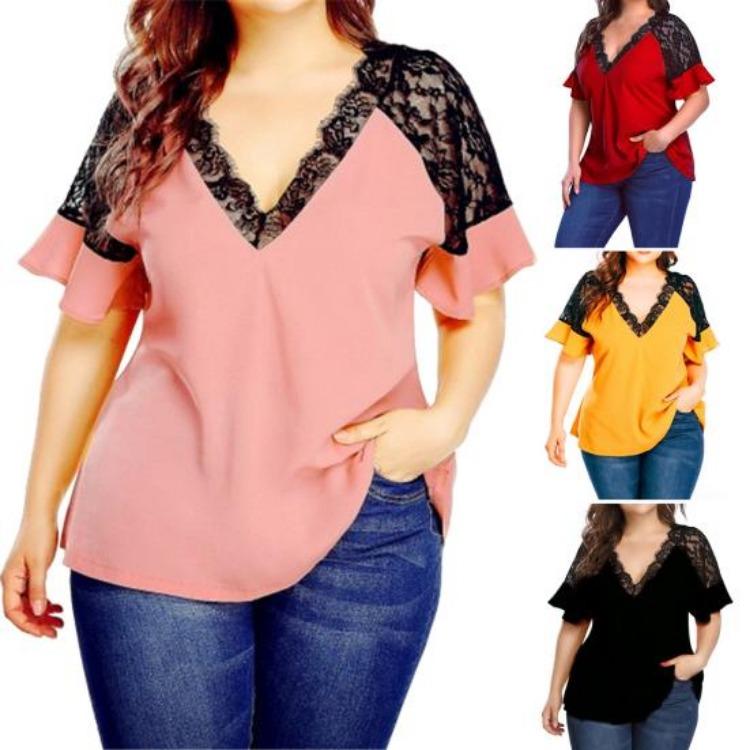 Women's Blouses & Shirts - Sexy Women Deep V Neck Lace Patchwork Short Ruffled Sleeve Loose Blouse T Shirt