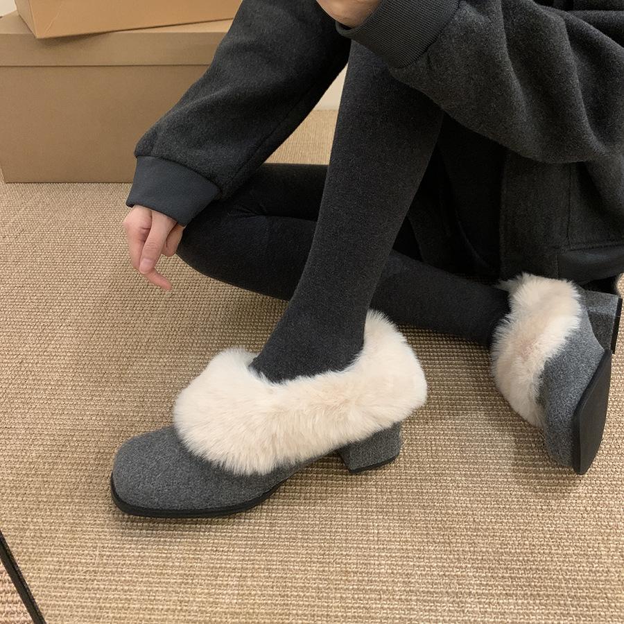 Thick heel square head gentle fluffy shoes women's winter new French gray with skirt fairy temperament velvet warm cotton shoes