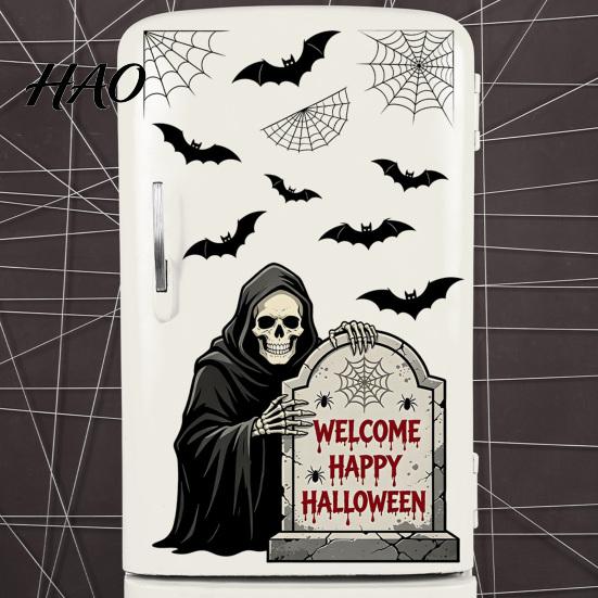 Scary Theme Party Supplies Halloween Grim Reaper Wall Decals, Tombstones Bats Spider Web Non Damaging Graphics Sticker, Peel And Stick Removable
