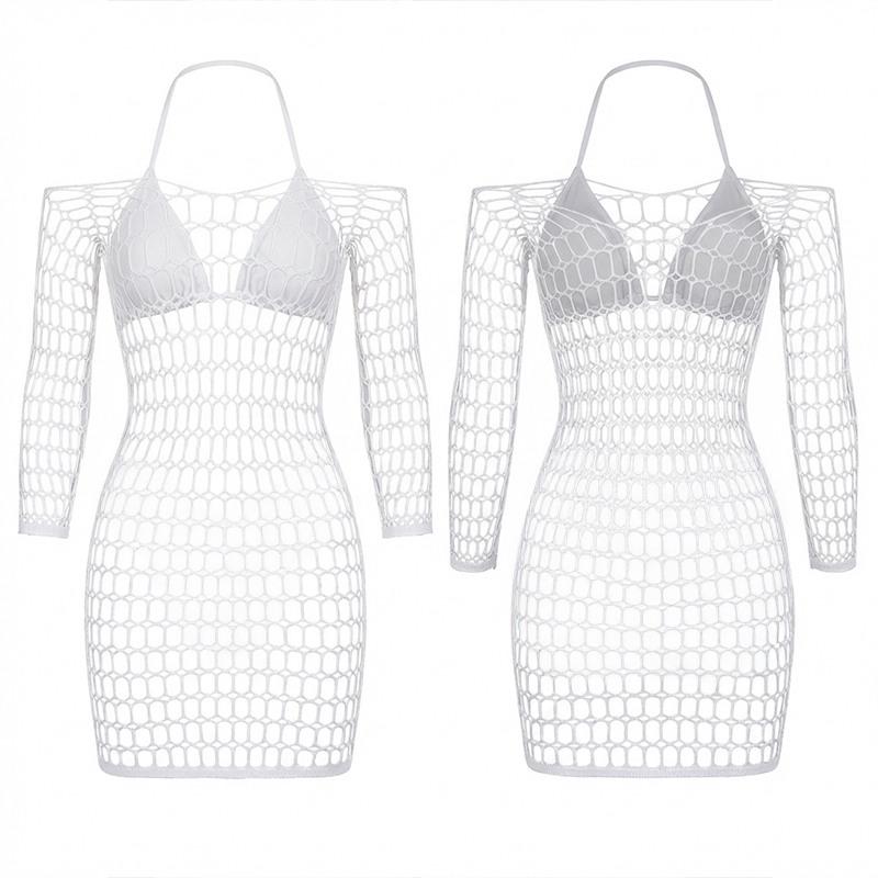 Women's Transparent Fishnet Bodysuit Off-shoulder Lace Net Dress