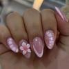 24Pcs Almond Press On Nails Ocean Blue French Tip With Flower Pearl Glitter Simple Wearable False Nail Art Manicure Set