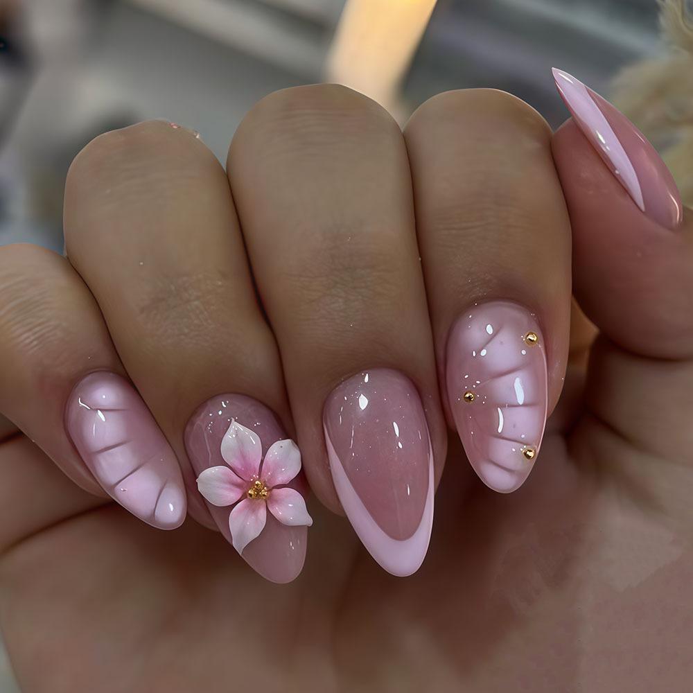 24Pcs Almond Press On Nails Ocean Blue French Tip With Flower Pearl Glitter Simple Wearable False Nail Art Manicure Set
