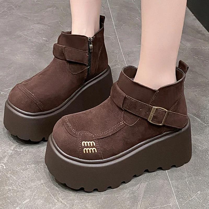 Ботильоны женские на платформе из меха, замшевые туфли на плоской подошве, модная женская обувь 2025 года, трендовая зимняя дизайнерская обувь для ходьбы, теплая повседневная женская обувь для снега