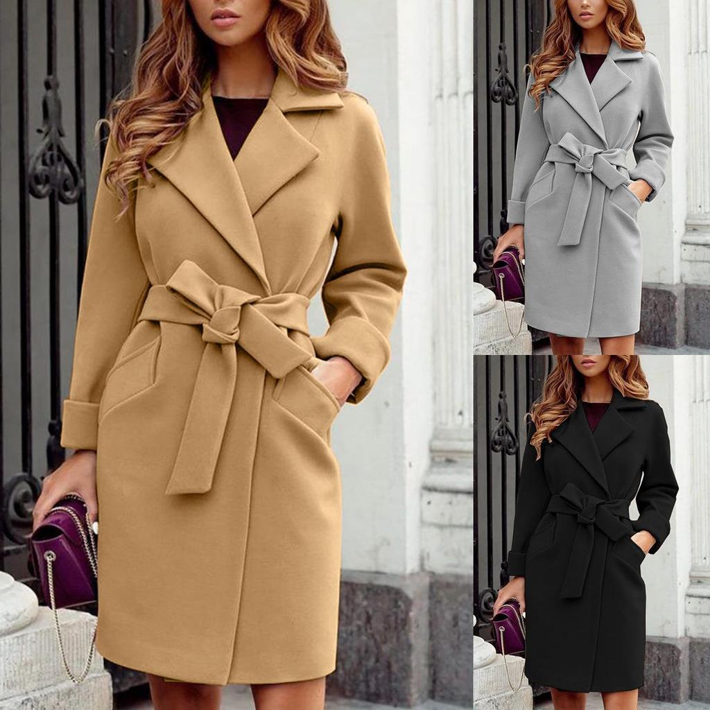Autumn Winter Coats For Women Wool Blend Long Jackets Turn Dowmn Collar Slim Belt Bandage Outerwear Overcoat