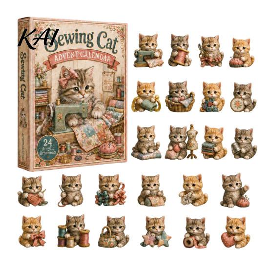 Decorative Christmas Accents Cat Advent Calendar, 24 Day Countdown with Cute Ornaments, Calendar 2D Acrylic Kitty Holiday Decorations, Gift for