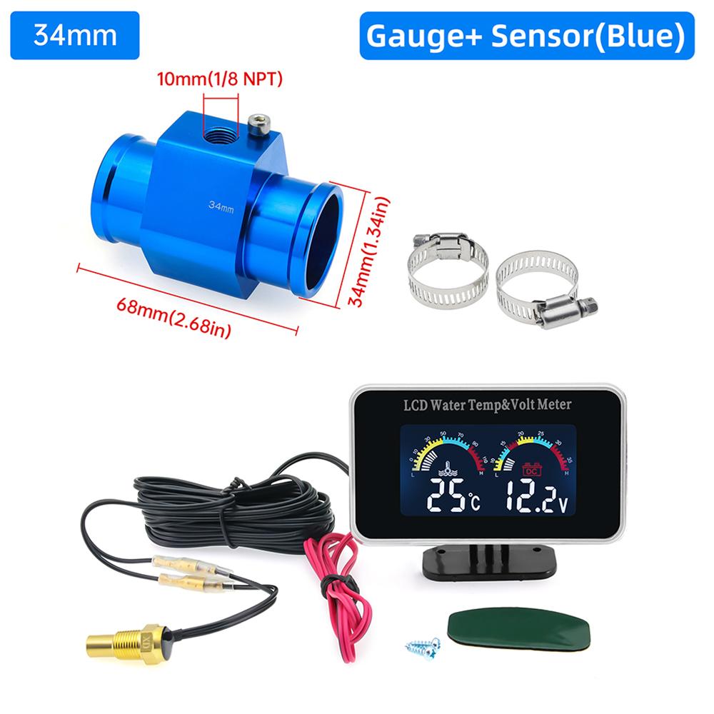 Digital 2 In 1 Water Temperature Meter Voltmeter Car LCD Water Temp Gauge Voltage Meter With 26~40mm Adapter (Option) 12V 24V